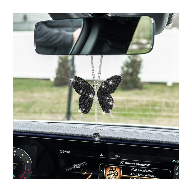 zipelo Bling Butterfly Diamond Car Accessories Crystal Car Rear View Mirror Charms for Women Car Decoration Lucky Gifts Hanging Interior Crystal Ornament Pendant Decor for All Cars Black