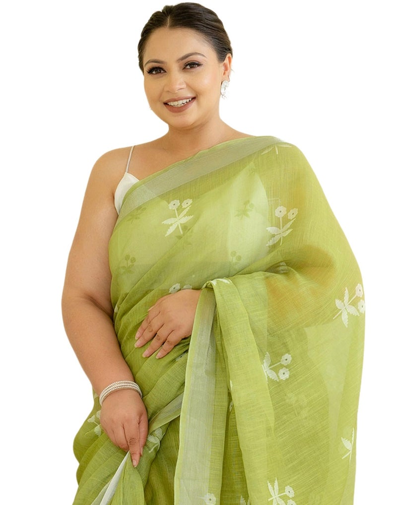 SIRIL Women's Linen Printed One Minute Ready to Wear Saree Saree with Unstitched blouse (42RS372_Green) - Image 1