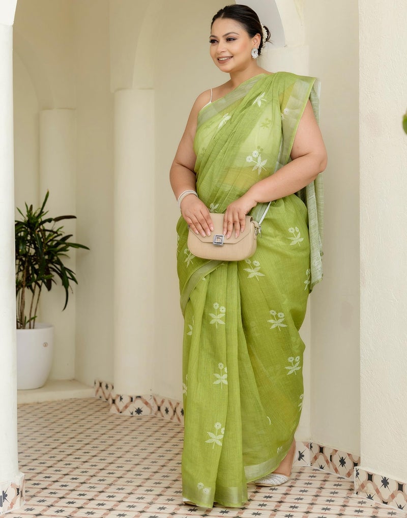 SIRIL Women's Linen Printed One Minute Ready to Wear Saree Saree with Unstitched blouse (42RS372_Green) - Image 3