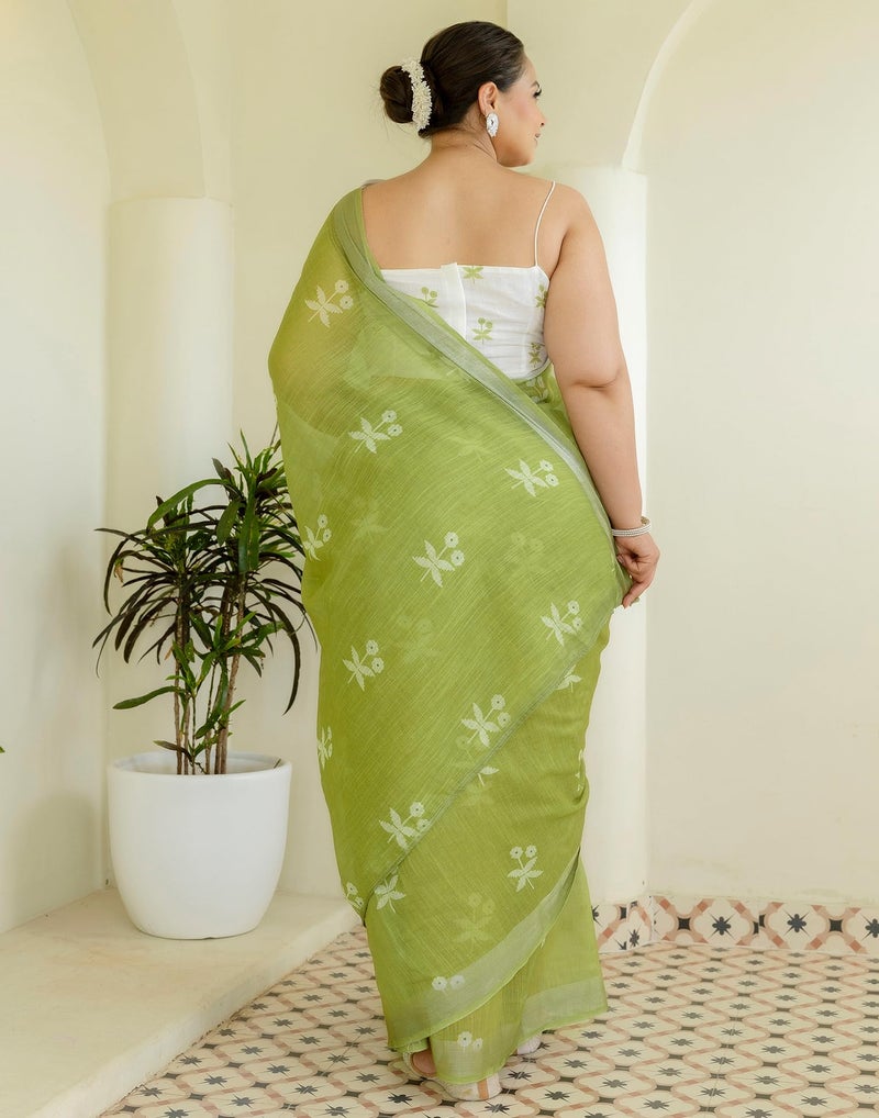 SIRIL Women's Linen Printed One Minute Ready to Wear Saree Saree with Unstitched blouse (42RS372_Green) - Image 4