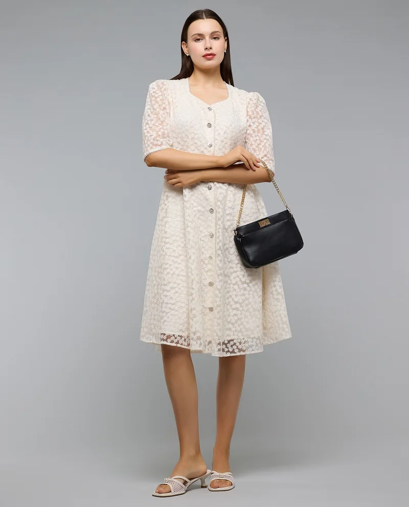 أر أند بي Embroidered Midi Dress with V-Neck and Short Sleeves