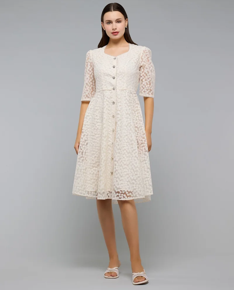 أر أند بي Embroidered Midi Dress with V-Neck and Short Sleeves