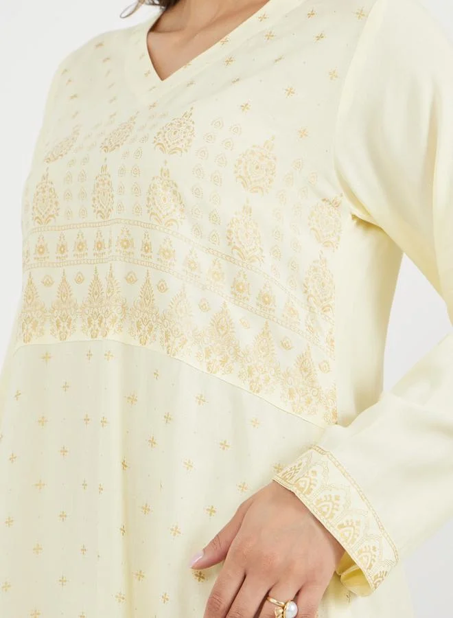 Styli Placement Print V-Neck A-Line Jalabiya