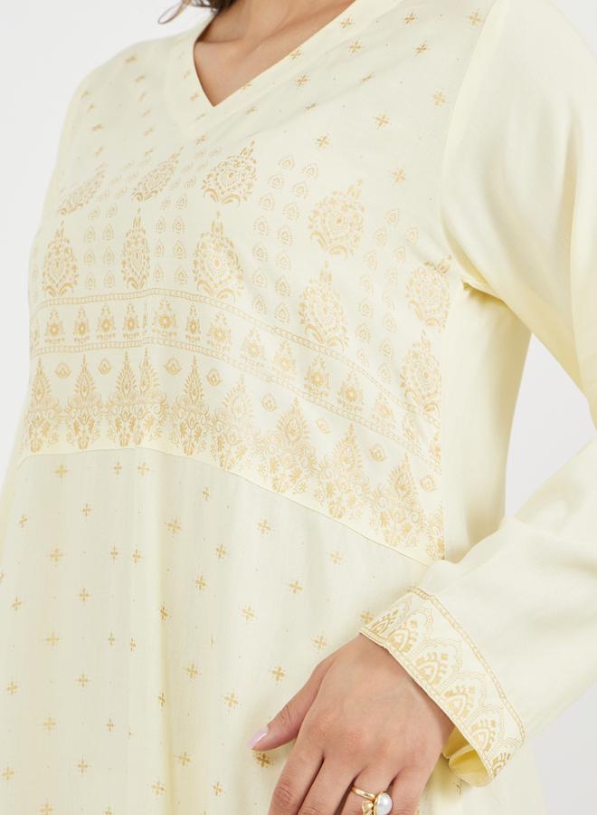 Styli Placement Print V-Neck A-Line Jalabiya  - Image 5