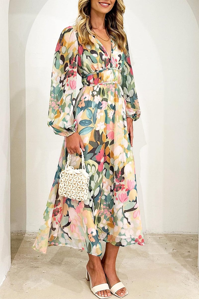 Maxigerui Women's Long Sleeve Floral Maxi Dress 2026 Spring Summer Wedding Guest Dress Green Floral S - Image 4