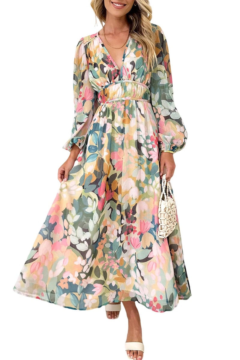 Maxigerui Women's Long Sleeve Floral Maxi Dress 2026 Spring Summer Wedding Guest Dress Green Floral S - Image 1
