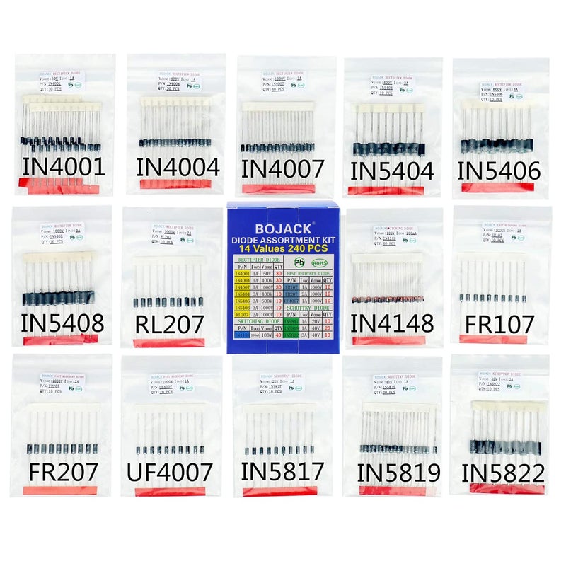 BOJACK 14 Value 240 pcs Diode Assortment Kit Contain Rectifier/Fast Recovery/Schottky/Switching Diode 1N4001 1N4004 1N4007 1N5404 1N5406 1N5408 RL207 FR107 FR207 UF4007 1N5817 1N5819 1N5822 1N4148 - Image 3