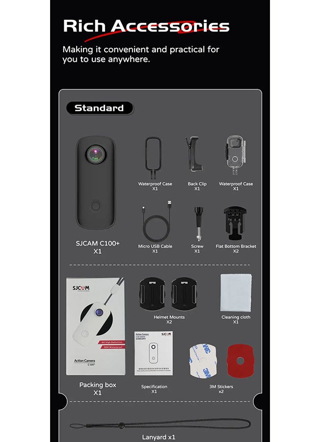 SJCAM C100+4K Thumb Sports Action Camera, Supports WiFi 30M, Waterproof with Protective Case, EIS Anti-shake, Suitable for Travel, Sports, Vlog, with 32GB Memory Card - Image 3