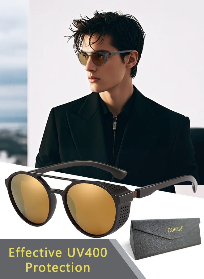 رويس نظارة شمسية مستقطبة دائرية رجالية، نظارة الشمس الواقية من الأشعة فوق البنفسجية 400 بإطار من PC، ظلال شمس مضادة للوهج عصرية للرجال مناسبة للقيادة وصيد الأسماك والسفر وركوب الدراجات، بعدسة ذهبية - Image 1