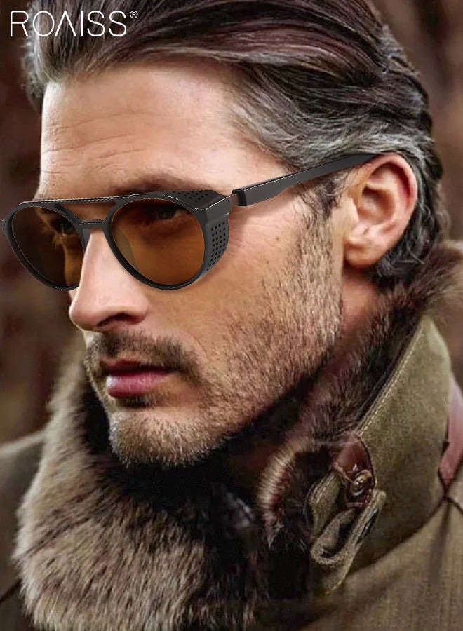 رويس نظارة شمسية مستقطبة دائرية رجالية، نظارة الشمس الواقية من الأشعة فوق البنفسجية 400 بإطار من PC، ظلال شمس مضادة للوهج عصرية للرجال مناسبة للقيادة وصيد الأسماك والسفر وركوب الدراجات، بعدسة ذهبية - Image 3