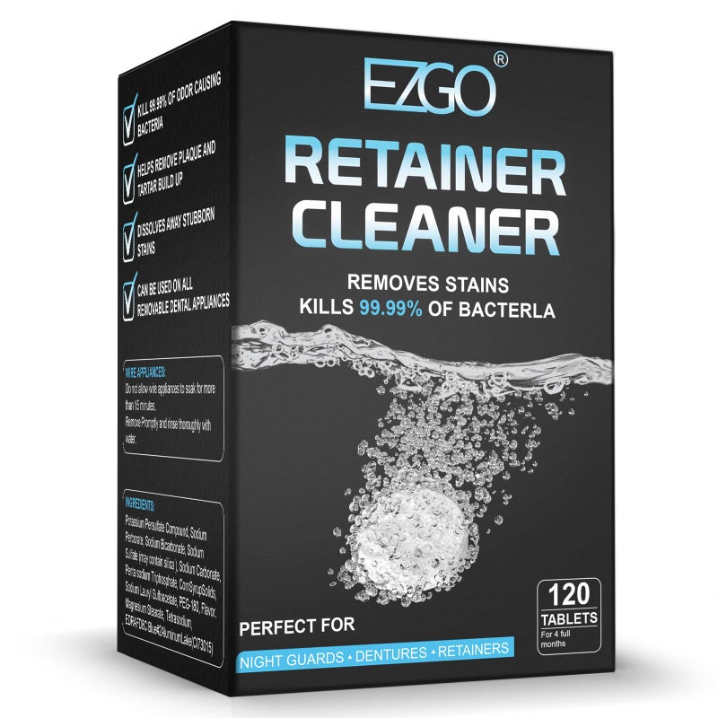 EZGO Retainer Cleaner Tablets Denture Cleaning Tablets for Mouth Guard Night Guard and Removable Dental Appliances Removes Stains Bad Odor Plaque in 3 Minutes 4 Months Supply 120 pcs