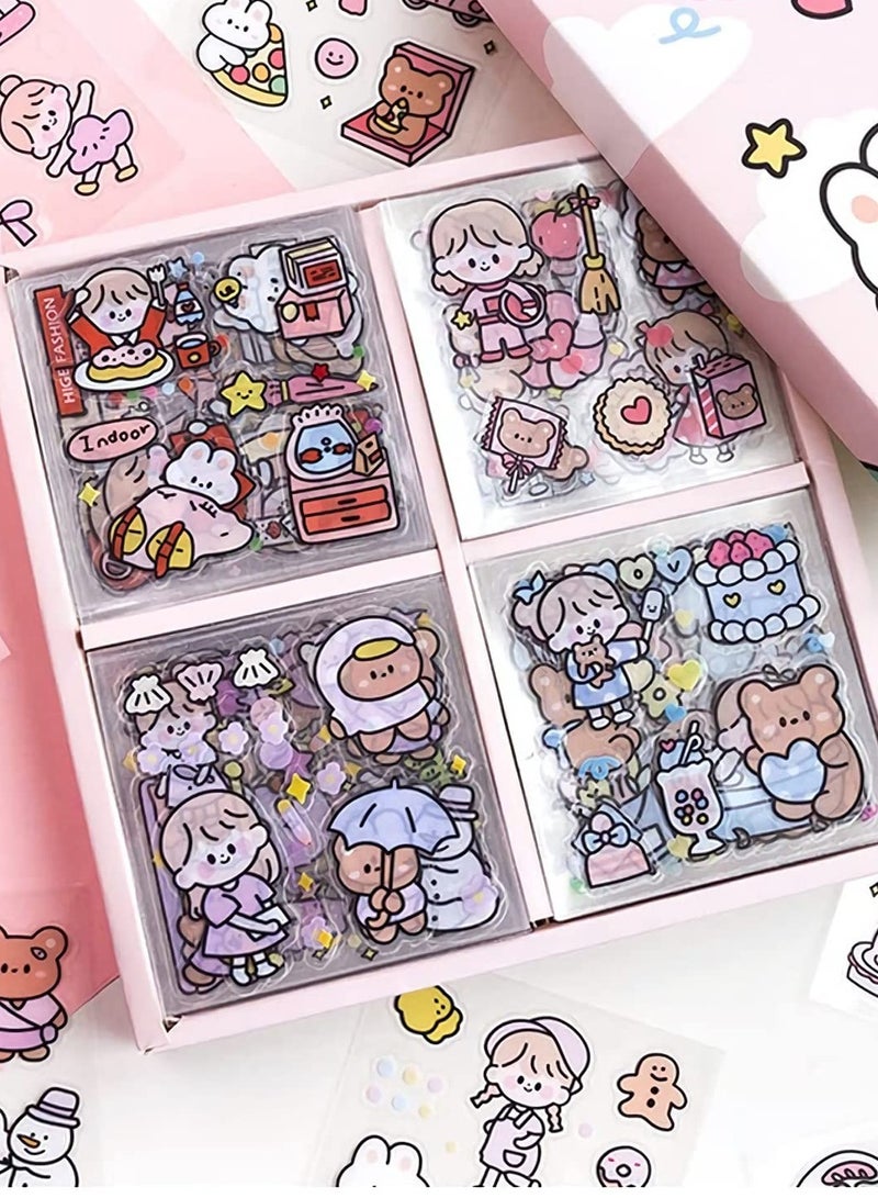 Stickers Set, 100 Sheets 600+ Small Pieces Cute PET Transparent Cartoon Character Animal Flower Decorative Scrapbook Sticker Decal for DIY Arts Crafts, Album, Planners, Calendars and Notebook - Image 1