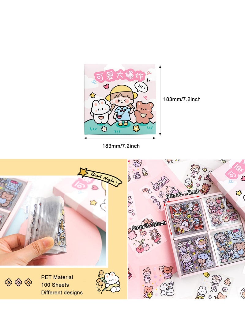 Stickers Set, 100 Sheets 600+ Small Pieces Cute PET Transparent Cartoon Character Animal Flower Decorative Scrapbook Sticker Decal for DIY Arts Crafts, Album, Planners, Calendars and Notebook - Image 3
