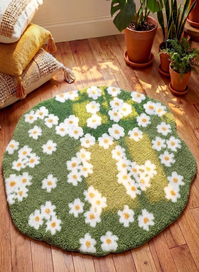 Tinideya Moss Floral Bath Mat Flocked Plant Flowers Bathroom Rugs 39.37'' x 39.37'' Green Tufted Area Rugs Soft Cute Aesthetic Grass Fluffy Shaggy Carpet for Bedroom Dorm Home Living Room Decor - Image 1
