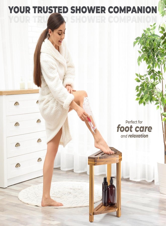BLUEWEST Shower Foot Rest, Corner Shower Stool, Wooden Shower Foot Stool for Shaving Legs Inside Shower, Waterproof Shower Foot Rest with Storage Shelf for Small Shower Space, Shower Seats and Benches - Image 4