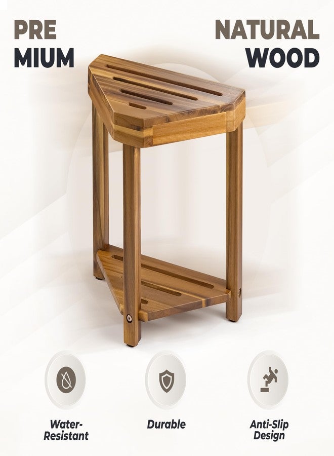 BLUEWEST Shower Foot Rest, Corner Shower Stool, Wooden Shower Foot Stool for Shaving Legs Inside Shower, Waterproof Shower Foot Rest with Storage Shelf for Small Shower Space, Shower Seats and Benches - Image 2