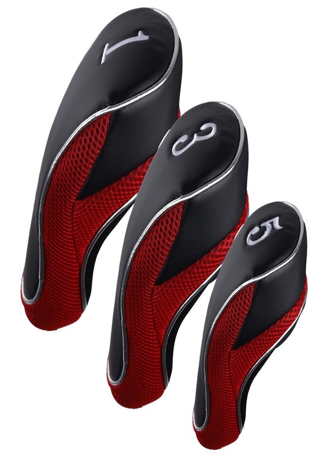 Andux Golf Wood Club Head Covers with Hook & Loop Set of 3 Black/Red - Image 1