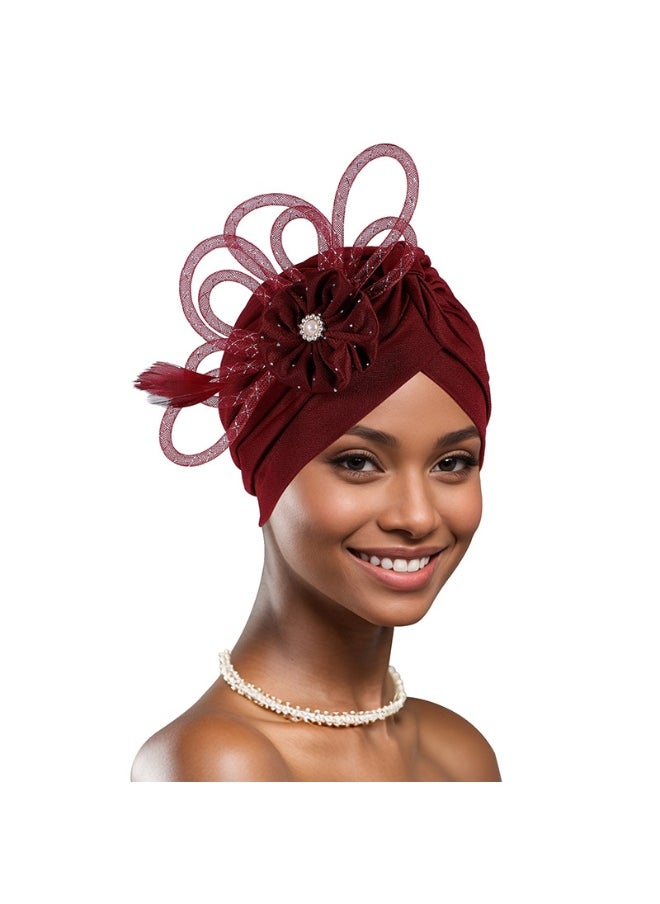 Laravel Women's Fashion Elegant Ladies' Wedding Dinner Hot Diamond Heavy Islamic Arab Hijab Undercap Elastic Turban Hat Headscarf Hat Ramadan Gift Holiday Gift Box - Red  - Image 1