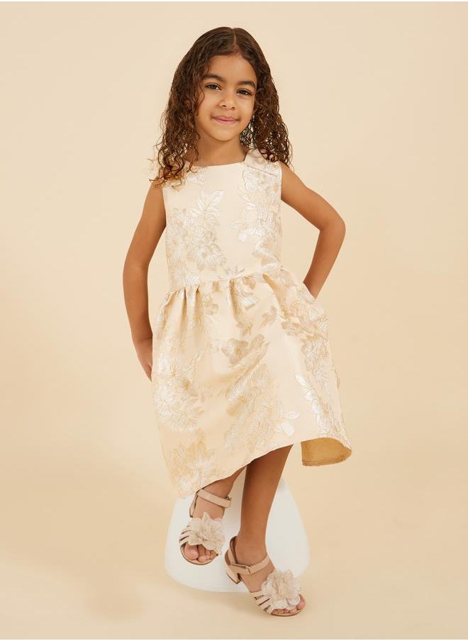 Styli Floral Jacquard Sleeveless A-Line Dress with Bow Detail  - Image 1