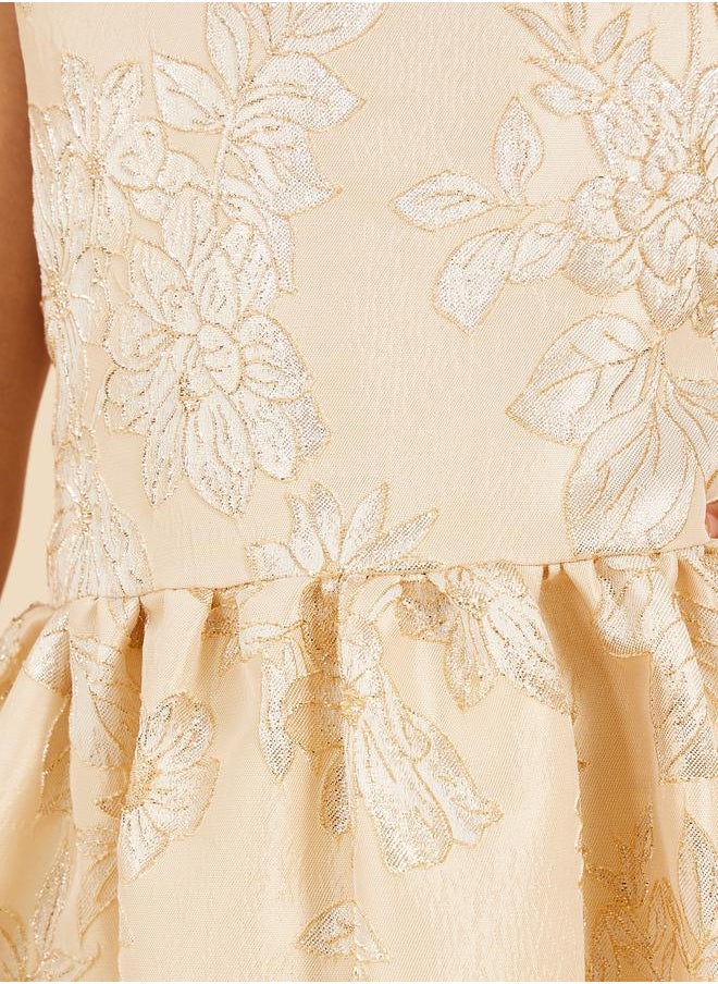 Styli Floral Jacquard Sleeveless A-Line Dress with Bow Detail  - Image 4