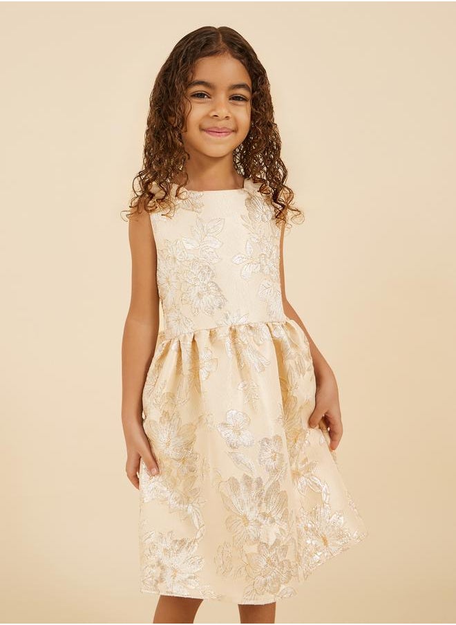 Styli Floral Jacquard Sleeveless A-Line Dress with Bow Detail  - Image 3