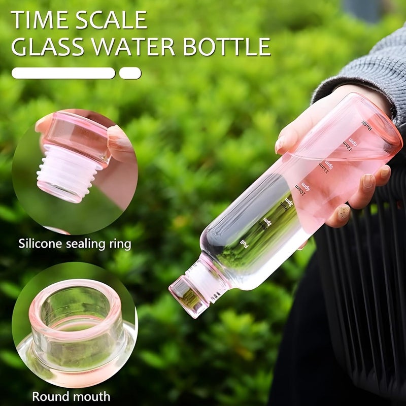 JIGSHTIAL زجاجات مياه بوروسيليكات، زجاجة مياه ثلاجة H2O مع غطاء، غطاء مانع للتسرب ومضاد للهواء، زجاجة مياه للمكتب، المدرسة، الكلية - زجاجات 500 مل مع علامة زمنية (وردي 500 مل) - Image 3