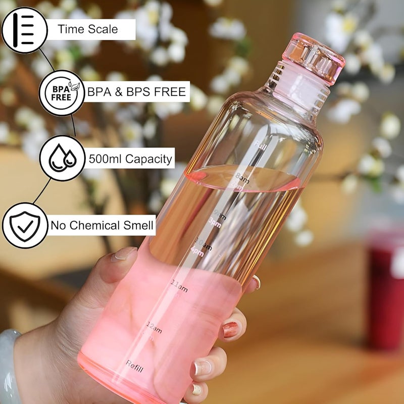 JIGSHTIAL زجاجات مياه بوروسيليكات، زجاجة مياه ثلاجة H2O مع غطاء، غطاء مانع للتسرب ومضاد للهواء، زجاجة مياه للمكتب، المدرسة، الكلية - زجاجات 500 مل مع علامة زمنية (وردي 500 مل) - Image 2