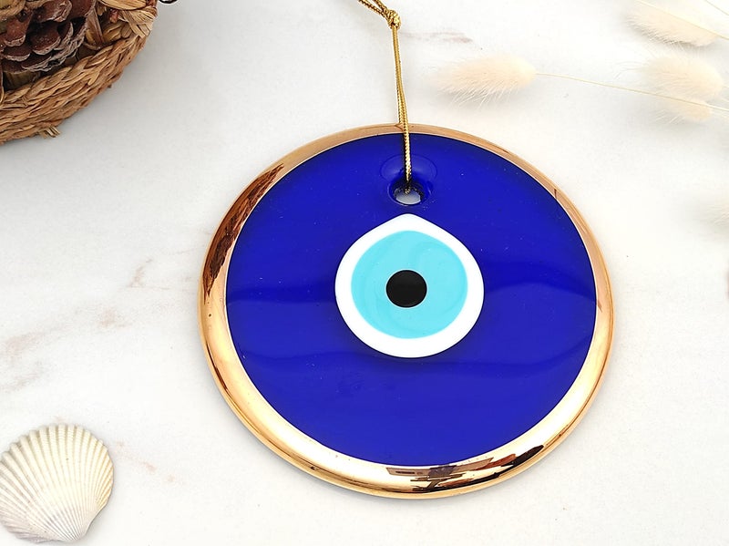 Erbulus 5.3" Glass Blue Evil Eye Wall Hanging Gold Ornament - Turkish Nazar Bead - Home Protection Charm - Wall Decor Amulet in a Black Box (X-Large) - Image 5