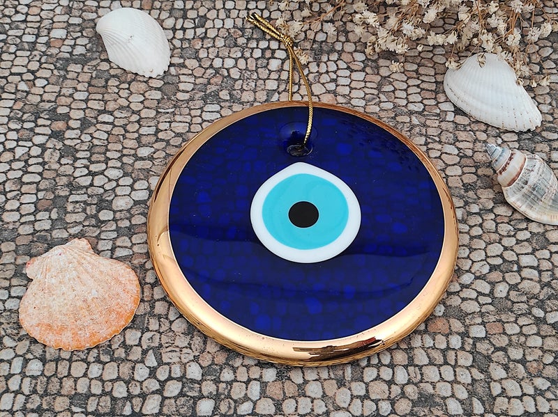 Erbulus 5.3" Glass Blue Evil Eye Wall Hanging Gold Ornament - Turkish Nazar Bead - Home Protection Charm - Wall Decor Amulet in a Black Box (X-Large) - Image 4