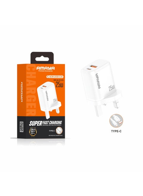 شاحن جداري سريع بتقنية PD وبقدرة 25 وات مزود بمنفذ Type C ومنفذ USB مع كابل Type-c بطول متر واحد متوافق مع هاتف آيفون 16 برو ماكس