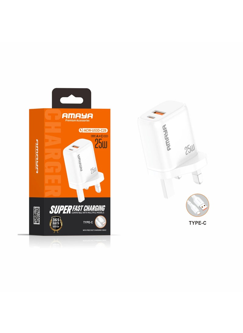 أمايا - شاحن جداري سريع بتقنية PD وبقدرة 25 وات مزود بمنفذ Type C ومنفذ USB مع كابل Type-c بطول متر واحد متوافق مع هاتف آيفون 16 برو ماكس - Image 1