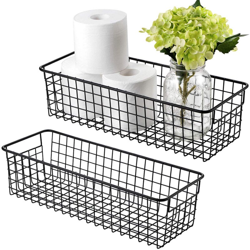 Sheechung Farmhouse Decor Metal Wire Storage Organizer Bin Basket(2 Pack) - Rustic Toilet Paper Holder - Storage Organizer for Bathroom, kitchen cabinets,Pantry, Laundry Room, Closets, Garage (Black) - Image 1