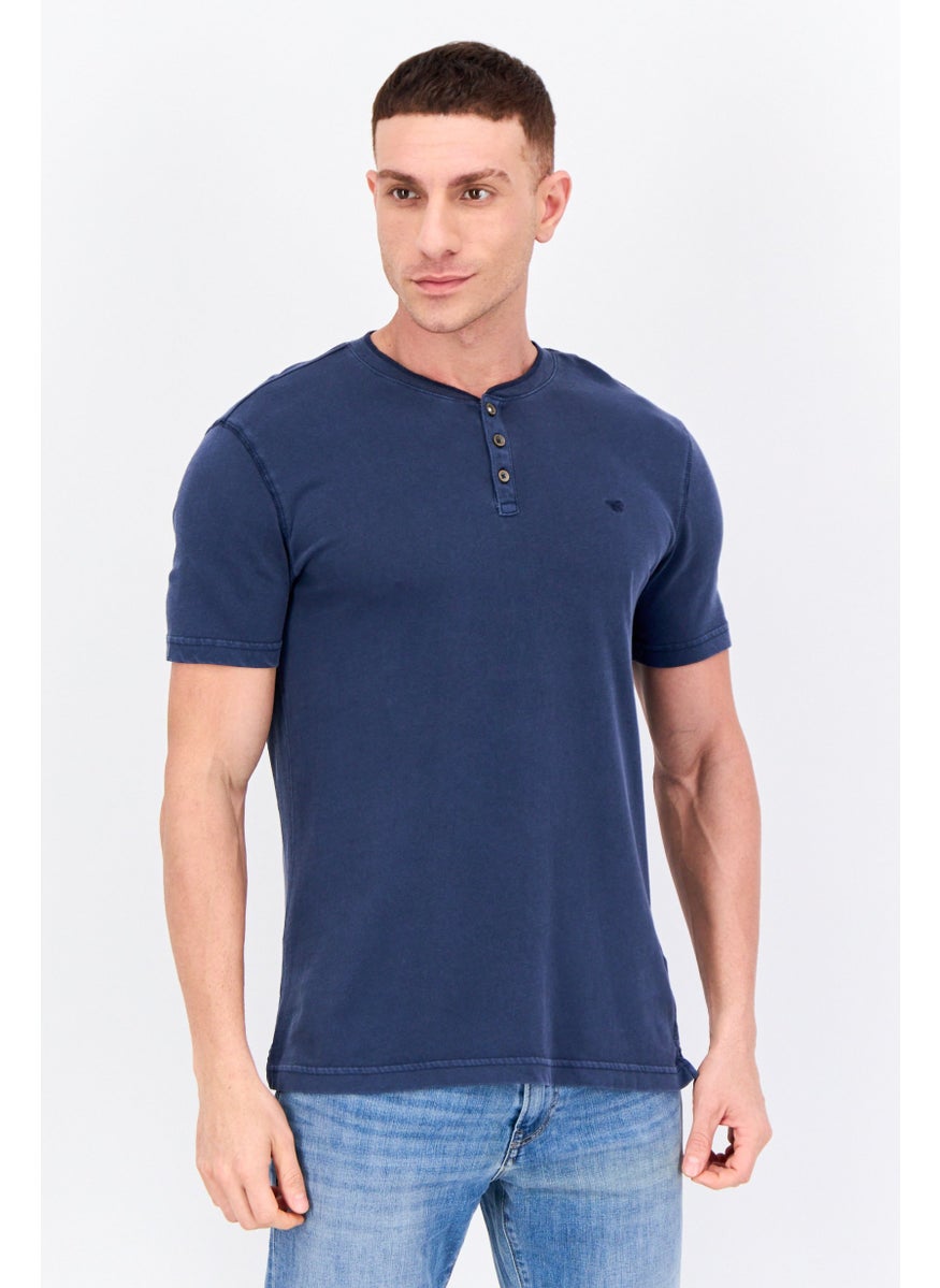 MUSTANG Men Crew Neck Short Sleeves Embroidered Logo T-Shirt, Navy Blue  - Image 1