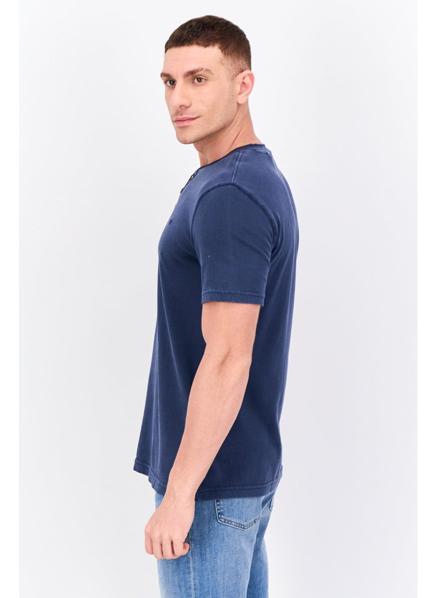 MUSTANG Men Crew Neck Short Sleeves Embroidered Logo T-Shirt, Navy Blue  - Image 3