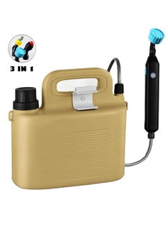 Portable hand-held spray and shower pump for travel, trips, and camping, rechargeable via USB with a large 6-liter water tank.