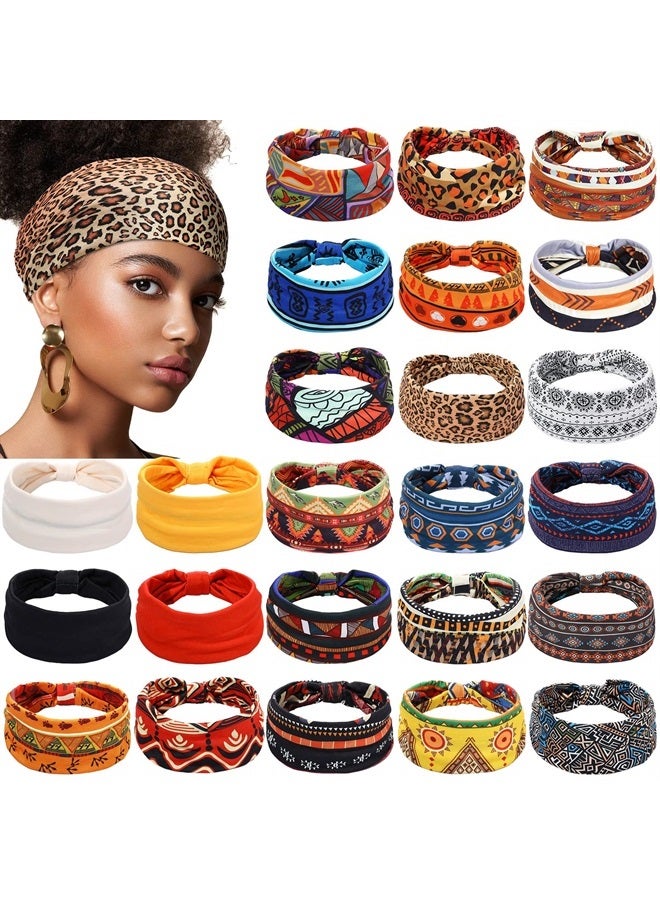Cindeer 24 Pcs Boho African Headbands for Women Girls Vintage Workout Wide Headbands Knotted African Head Wraps Wide Yoga Stretchy Bandeau Leopard Printed Black Hair Bands Head Band Hair Accessories  - Image 1