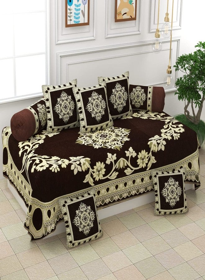 FRESH FROM LOOM طقم ديوان مخملي شينيل بنقوش هندسية وزهرية من فريش فروم لوم، 500 خيط (8 قطع)، (شرشف ديوان واحد، 5 أغطية وسائد، غطاءان للوسائد الأسطوانية)، لون قهوة - Image 2