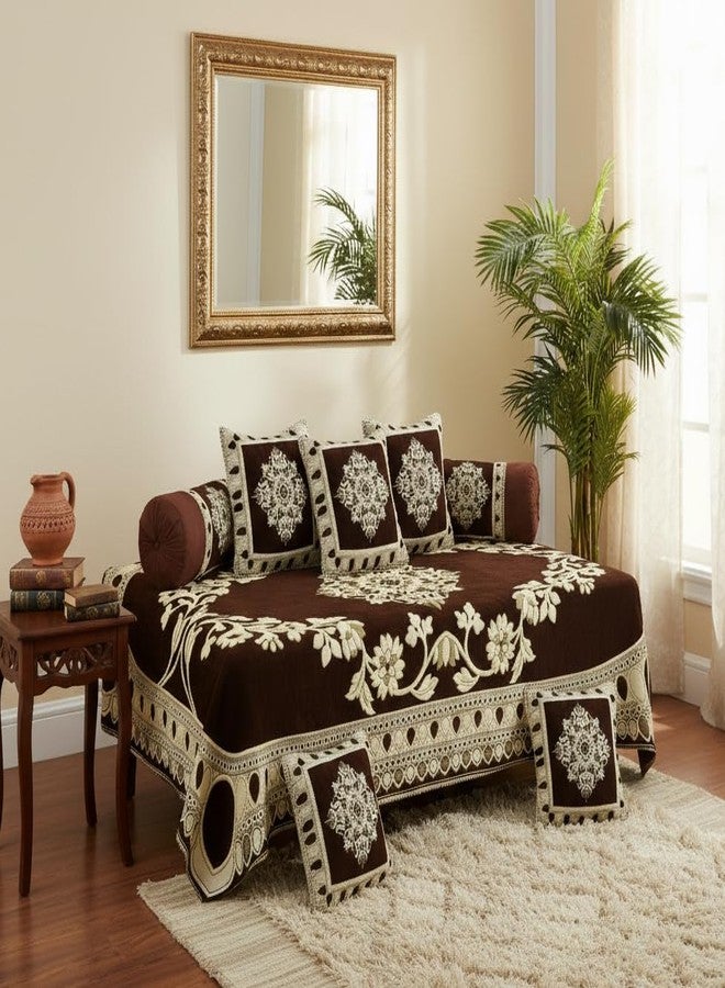 FRESH FROM LOOM طقم ديوان مخملي شينيل بنقوش هندسية وزهرية من فريش فروم لوم، 500 خيط (8 قطع)، (شرشف ديوان واحد، 5 أغطية وسائد، غطاءان للوسائد الأسطوانية)، لون قهوة - Image 1