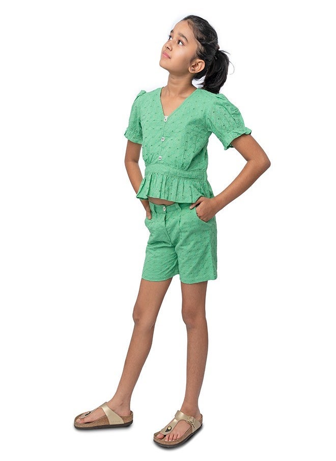babyqlo Green schiffli crop top with schiffli short sets for girls  - Image 1