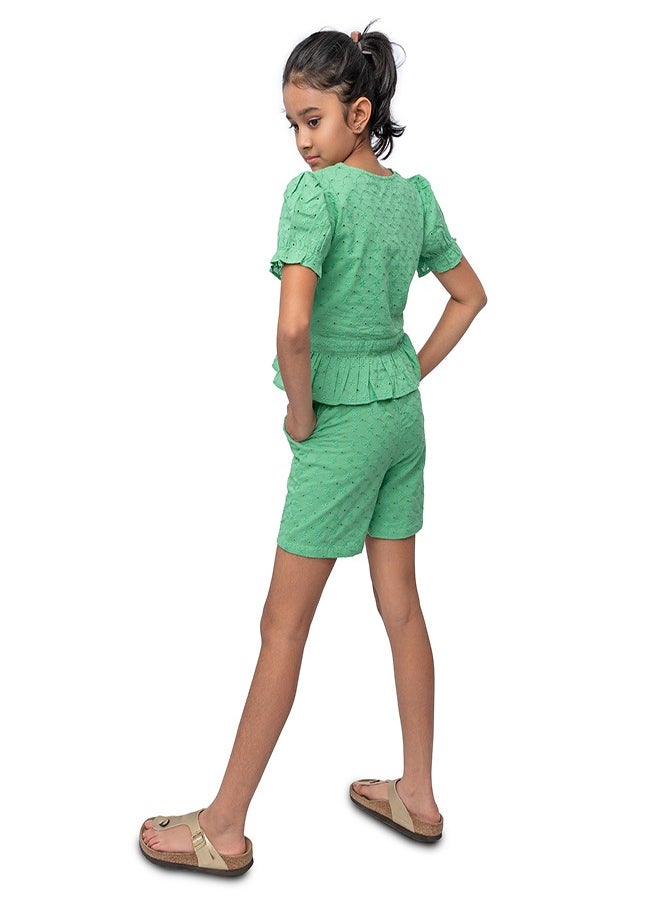 babyqlo Green schiffli crop top with schiffli short sets for girls  - Image 2