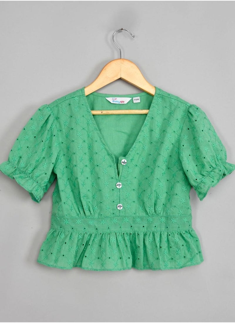 babyqlo Green schiffli crop top with schiffli short sets for girls  - Image 4