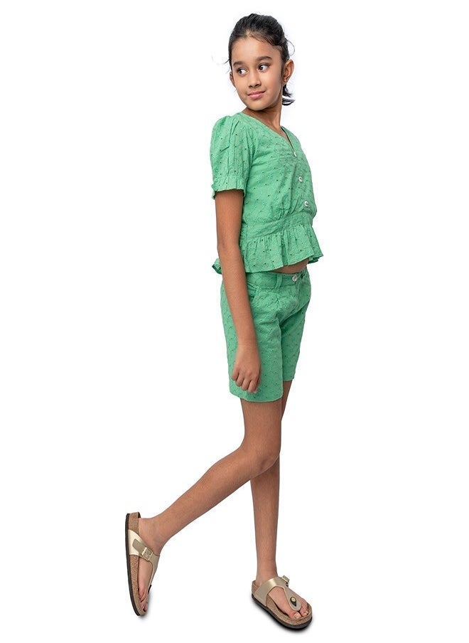 babyqlo Green schiffli crop top with schiffli short sets for girls  - Image 3