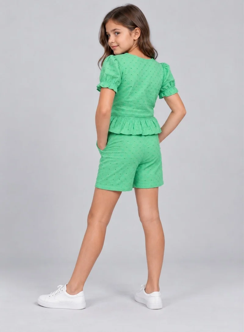Babyqlo Green schiffli crop top with schiffli short sets for girls