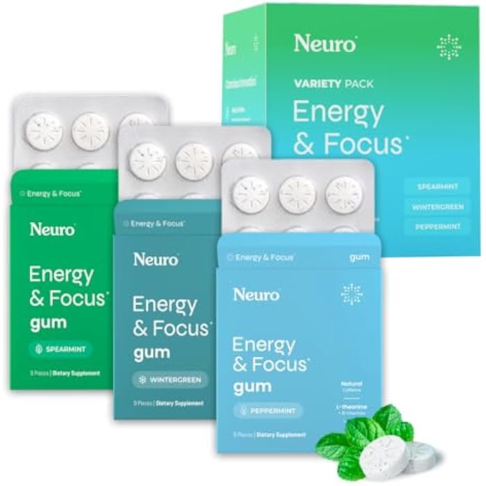 Neuro عبوة متنوعة من علكة نيورو - علكة الطاقة والتركيز (نعناع، نعناع حلو، نعناع شتوي) - مكمل نوتروبيك مع كافيين طبيعي + L-ثيانين لصحة الدماغ - خالية من السكر، نباتية - 54 حبة، 6 عبوات - Image 1