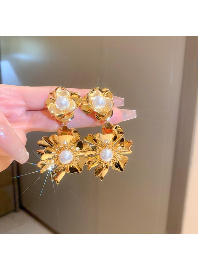Silver Needle Medieval Pearl Bow Flower Earrings Court Style Retro Temperament Earrings Fashion Niche Earrings 