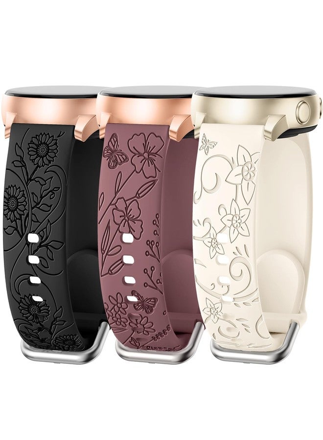 SuperNaNa 3 Pack Flower Engraved Bands Compatible with Samsung Galaxy Watch 7 6 5 4 FE Active 2 40mm 44mm,Watch 6 4 Classic 42mm 43mm 46mm 47mm,5 Pro 45mm,Watch 3 41mm,20mm Women Silicone Replacement Sport Band - Image 1