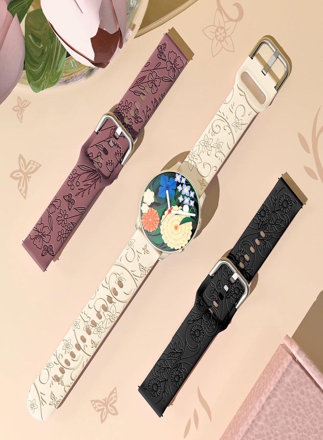 SuperNaNa 3 Pack Flower Engraved Bands Compatible with Samsung Galaxy Watch 7 6 5 4 FE Active 2 40mm 44mm,Watch 6 4 Classic 42mm 43mm 46mm 47mm,5 Pro 45mm,Watch 3 41mm,20mm Women Silicone Replacement Sport Band - Image 2