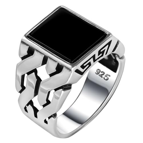 Babylon Silver خاتم أونيكس أسود للرجال مصنوع من الفضة الإسترلينية الصلبة الحقيقية مع ختم 925 بتصميم سلسلة كوبية مضفرة (أونيكس أسود، 13) - Image 1