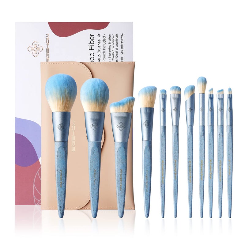 EIGSHOW Makeup Brushes Set Professional EIGSHOW 11 Pieces Premium Vegan Foundation Powder Face Contour Blush Eyeshadow Eyeliner Concealer Blending Kabuki Brush KitCrueltyFree Bamboo Synthetic Fiber Bristles Cosmetics Brushes Sets with Gift Box and Brush Bag for Women and Girls Ice Blue - Image 1