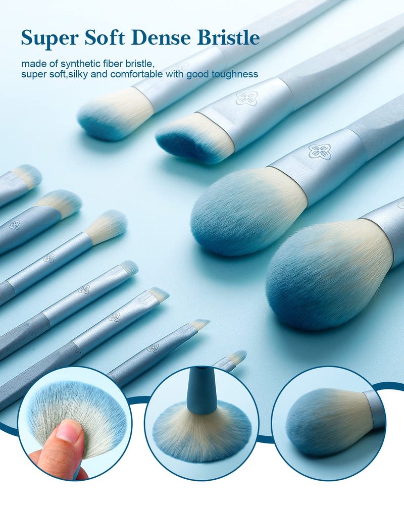 EIGSHOW Makeup Brushes Set Professional EIGSHOW 11 Pieces Premium Vegan Foundation Powder Face Contour Blush Eyeshadow Eyeliner Concealer Blending Kabuki Brush KitCrueltyFree Bamboo Synthetic Fiber Bristles Cosmetics Brushes Sets with Gift Box and Brush Bag for Women and Girls Ice Blue - Image 2